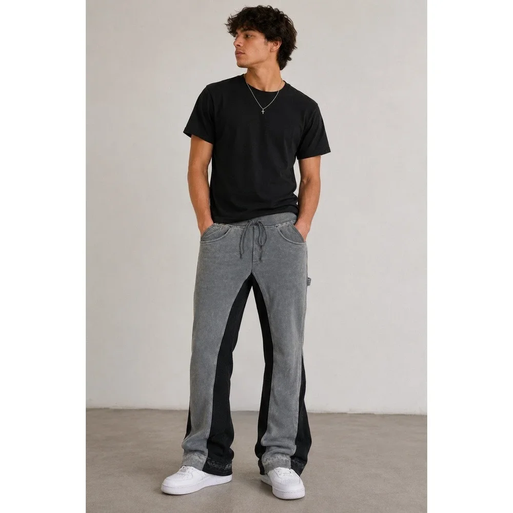 Ninth Hall Gray Black Stacked Flare Sweatpants Large Y2K Streetwear Grunge